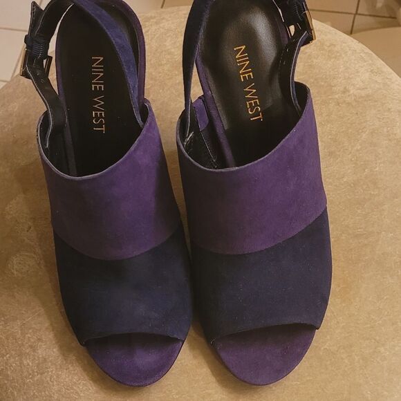 NINE WEST PURPLE/NAVY SUEDE OPEN TOE SLINGBACKS - Picture 3 of 4